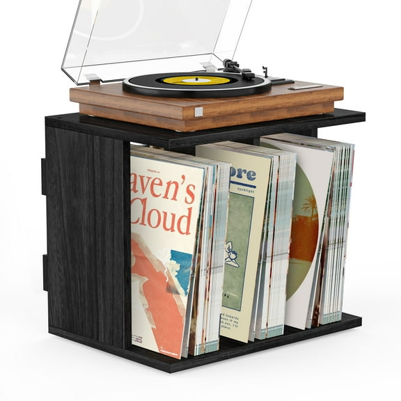 Record Player Stand, 3-Compartment Record Holder with Vinyl Storage, up to 80-100 Albums, Black