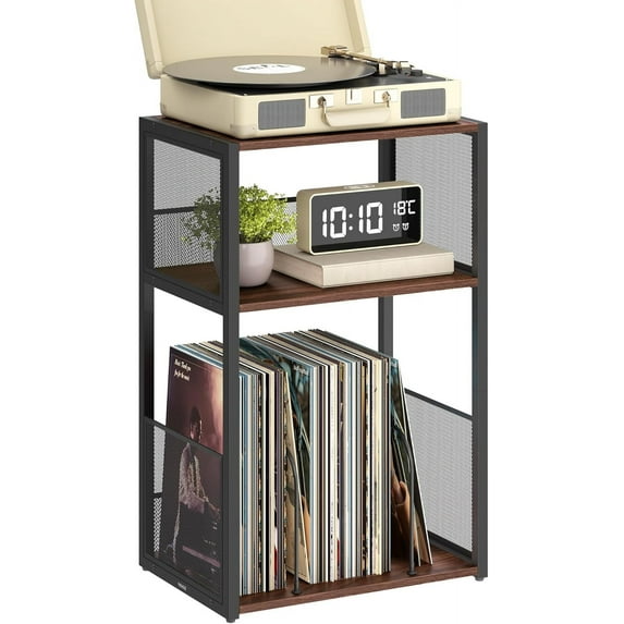 Record Player Stand, 3-Tier Side Table, Vinyl Record Storage up to 100 Albums, End Table for Living Room, Bedroom, Rustic White