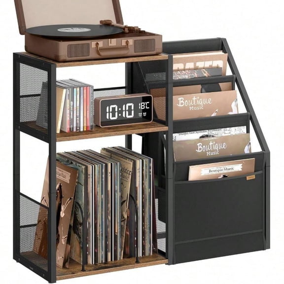 Record Player Stand | 3-Tier Side Table with Vinyl Storage (Holds Up To 140 Albums) - End Table for Living Room & Bedroom