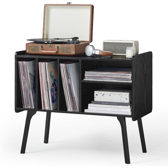 Record Player Stand with 4 Cabinet Holds Up to 220 Albums, Large Turntable Stand with Beech Wood Legs, Mid-Century Record Player Table,Black Vinyl Holder Storage Shelf for Bedroom Living Room