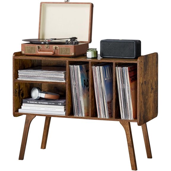 Record Player Stand with 4 Cabinet Holds Up to 220 Albums, Large Turntable Stand with Beech Wood Legs, Mid-Century Record Player Table,Retro Brown Vinyl Holder Storage for Bedroom Living Room