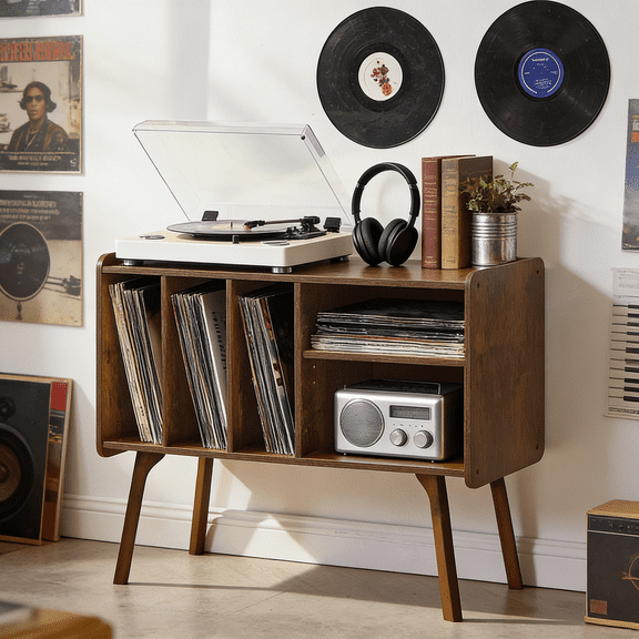 Record Player Stand with 4 Cabinets Holds Up to 220 Albums, Large Turntable Stand with Beech Wood Legs, Mid-Century Record Player Table, Brown Vinyl Holder Storage Shelf for Bedroom, Living Room