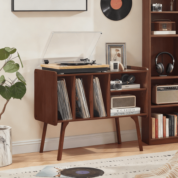 Record Player Stand with 4 Cabinets Holds Up to 220 Albums, Large Turntable Stand with Beech Wood Legs, Mid-Century Record Player Table, Walnut Vinyl Holder Storage Shelf for Bedroom, Living Room