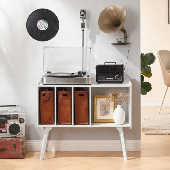 Record Player Stand with 4 Cabinets Holds Up to 220 Albums, Large Turntable Stand with Beech Wood Legs, Mid-Century Record Player Table, White Vinyl Holder Storage Shelf for Bedroom, Living Room