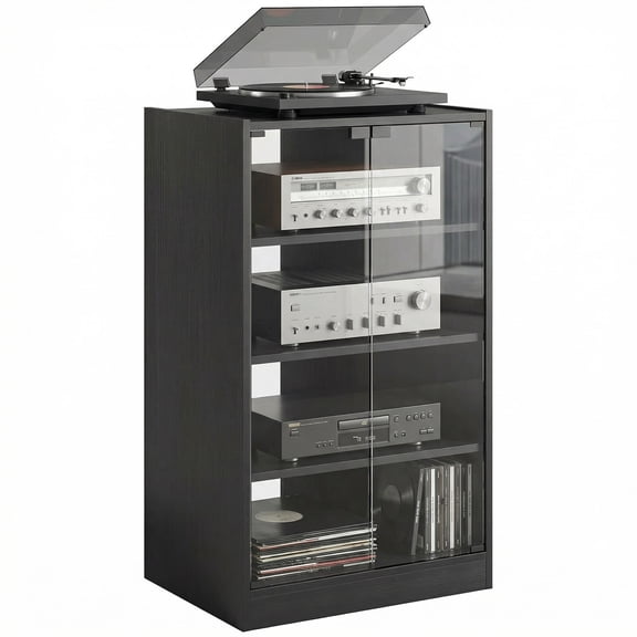 Record Player Stand, 4-Tier Hi-Fi Stereo Cabinet with Adjustable Shelves and Push-to-Open Tempered Glass Doors, Particle Board Media Storage with Cable Management, Distressed Black