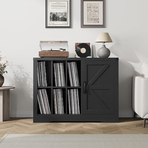Record Player Stand Cabinet with Door, Farmhouse Turntable Storage Cabinet with Holder Shelves up to 750 Albums, Wooden CD DVD Table Rack for Living Room, Black$$Furniture