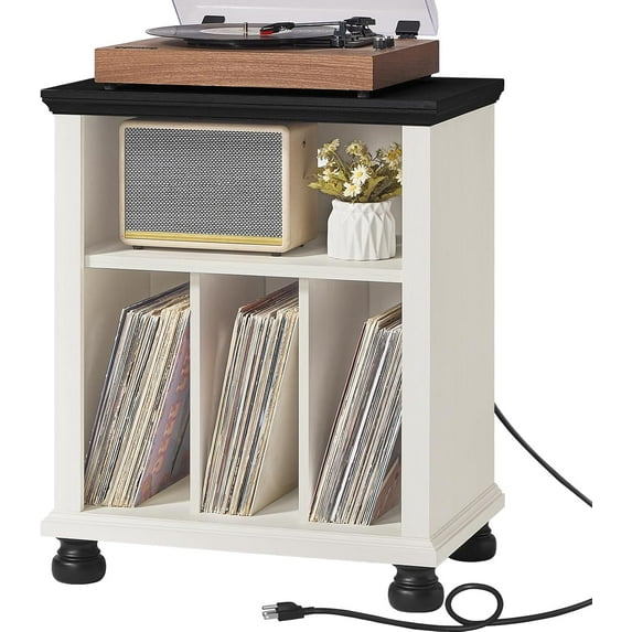 Record Player Stand with Charging Station Up to 200 Albums, 24" Wide Mid-Century Record Player Table with Vinyl Record Storage,Large Wood Turntable Stand Dispaly Cabinet for Living Room,White