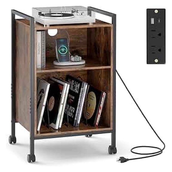 Record Player Stand with Charging Station, 3-Tier Vinyl Turntable Stand On Wheels with Open Shelves, Metal Dividers, Industrial End Table Turntable Holder for Bedroom, Living Room