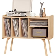 Record Player Stand with Charging Station Holds Up to 220 Albums, Large Turntable Stand with 4 Cabinet, Mid-Century Record Player Table for Bedroom Living Room, Natural Wood