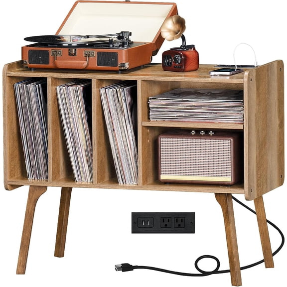 Record Player Stand with Charging Station Holds Up to 220 Albums, Large Turntable Stand with 4 Cabinet, Mid-Century Record Player Table,Oak Vinyl Holder Storage Shelf for Bedroom Living Room
