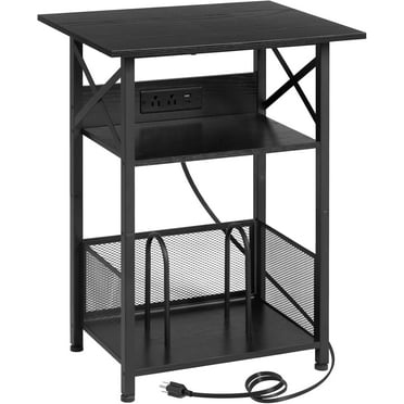 Record Player Stand with Charging Station, Large Turntable Stand with Storage Cabinet, 3 Tier End Table Hold Up to 100 Albums, Record Stand for Vinyl, Living Room, Black, HETCD012BK-1