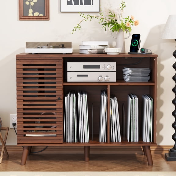 Record Player Stand with Charging Station, Mid-Century Turntable Stand Holds Up to 350 Albums Storage Display Shelf, 40" W Record Player Table with Slatted Doors for Living Room, Oak
