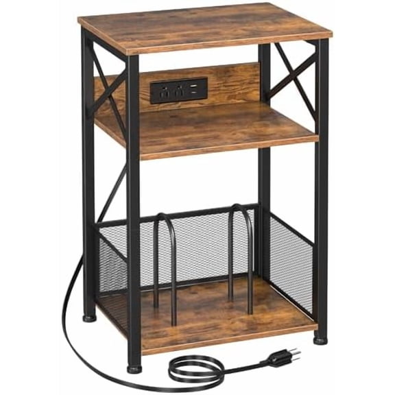 Record Player Stand with Charging Station, Turntable Stand with Storage Cabinet, 3 Tier End Table Hold Up to 100 Albums, Record Table for Vinyl, Living Room, Rustic Brown, HETCD01BR-1