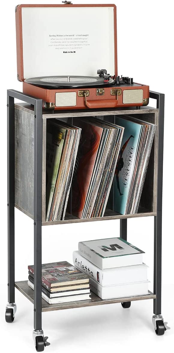 Record Player Stand End Table with Vinyl Record Storage Holder, Gray