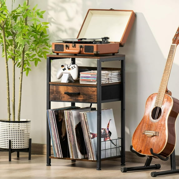 Record Player Stand with Fabric Drawer, 3 Tier AV Media Stands with Charging Station and USB Ports,Turntable Rack with Storage Up to 100 Vinyl Albums, Brown DVD Video Game Console Shelf