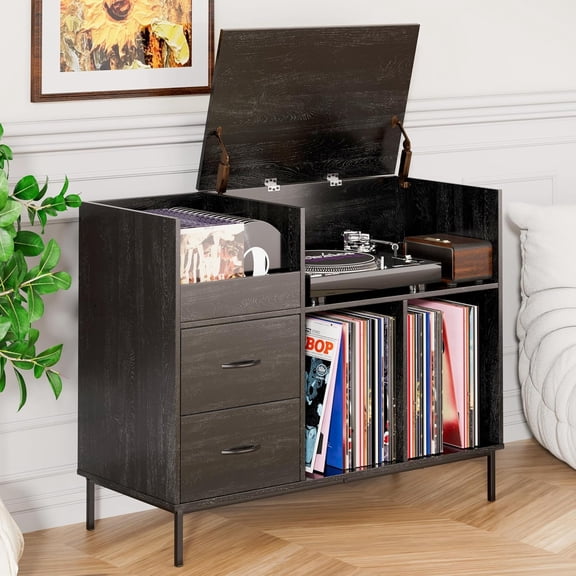 Record Player Stand with Flip-Top & Drawers, Vinyl Storage Cabinet with Outlet, Wood Media Console Table for Vinyl Records Storage, Assembly Required, Black