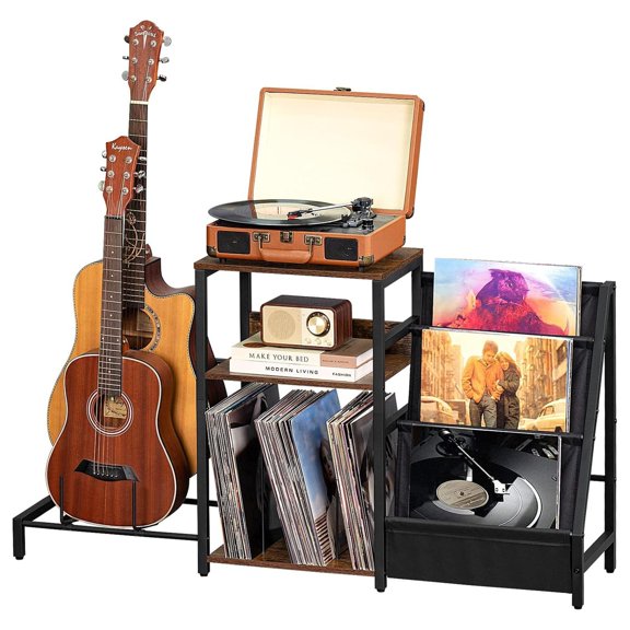 Record Player Stand with Guitar Rack, 3 Tier Vinyl Turntable Storage Table, Adjustable Acoustic Guitar Holder, Brown Music Room End Table for Albums, Speakers & Amps