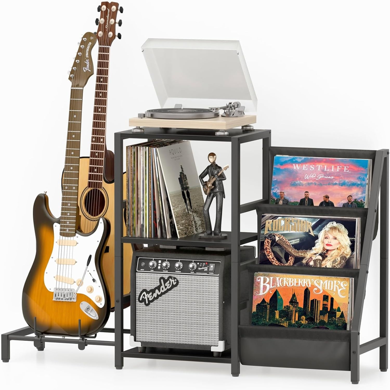 Record Player Stand, Guitar Stand for Acoustic, Electric Guitar, Bass with Amp Stand, 3Tier