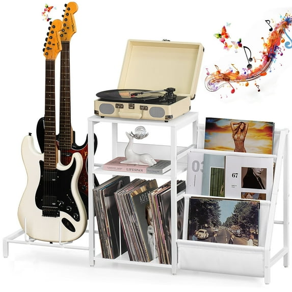 Record Player Stand Guitar Stand & Record Player Table - 3-Tier Vinyl Record Storage for Acoustic, Electric Guitar, Violin, Bass, Speaker, Amp