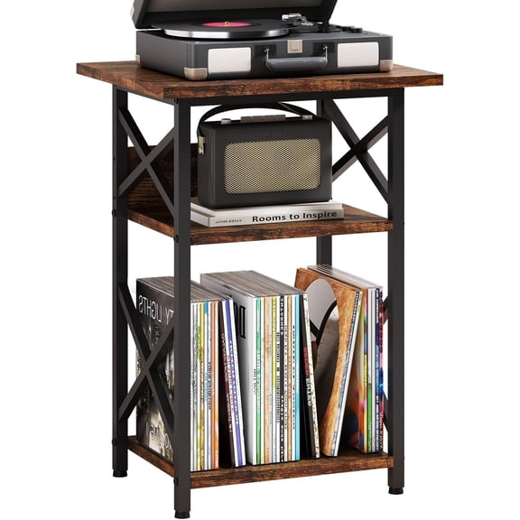 Record Player Stand with Large Desktop, Record Player Table with Vinyl Storage, 3 Tier End Table with Dividers Classified, Turntable Stand Record Display Shelf for Music Room Studio, Retro