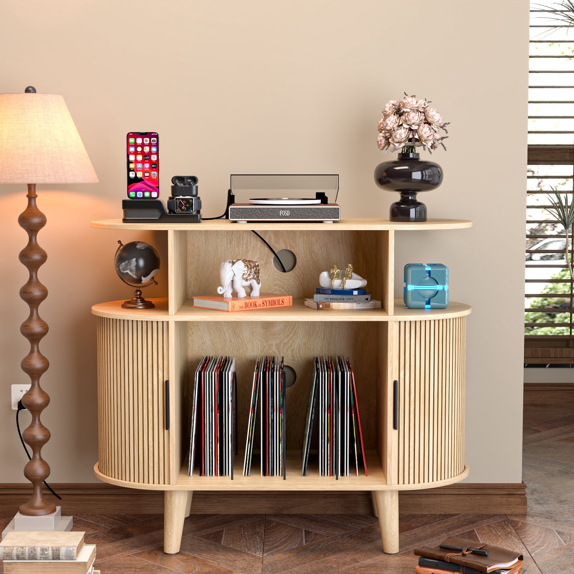 Record Player Stand, Mid Century Modern Record Storage Cabinet with Charging Station & USB Ports, Vinyl Storage, Oak