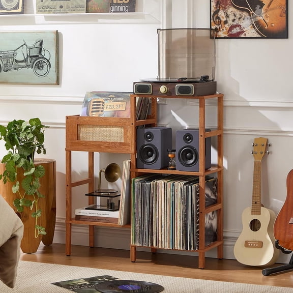 Record Player Stand, Mid Century Modern Turntable Stand Media Console Table, Turntable Stand Holds up to 300+ Albums for Living Room, Tea Brown