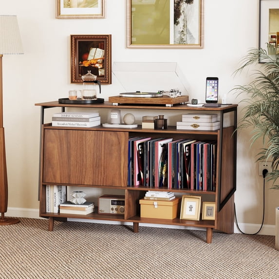 Record Player Stand, Mid Century Modern Turntable Stand Media Console Table, Turntable Stand with Vinyl Storage Holds up to 300+ Albums, Record Player Table for Living Room, Brown