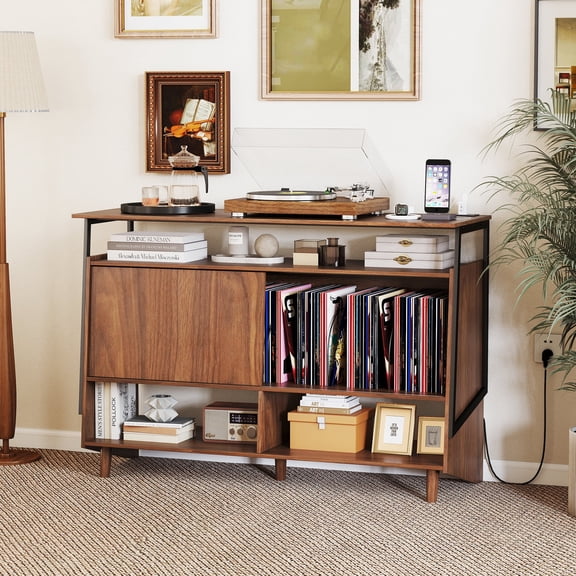 Record Player Stand, Mid Century Modern Turntable Stand Media Console Table, Turntable Stand with Vinyl Storage Holds up to 300+ Albums, Record Player Table for Living Room, Brown