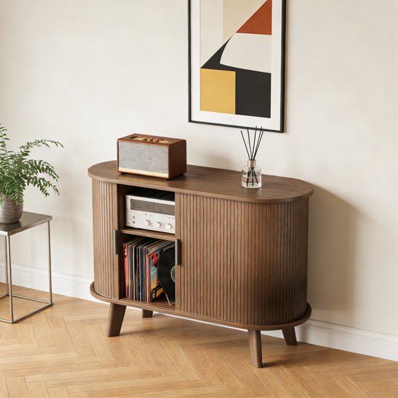 Record Player Stand, Midcentury Modern Furniture Turntable Stand with Sliding Doors, Audio-Video Shelving Cabinet, Fluted Media Stand and TV Stand for Living Room, Bedroom, Walnut, Medium