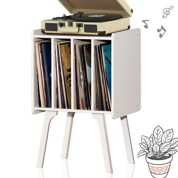 Record Player Stand, Modern Turntable Stand with 4 Cabinet Storage Cabinet for Living Room Bedroom, Album Display Shelf Turntable White