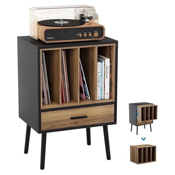 Record Player Stand with Nesting Vinyl Storage Crate, Record Player Table with a Drawer and Solid Wood Legs, Side End Table for Turntables for Living Room Bedroom