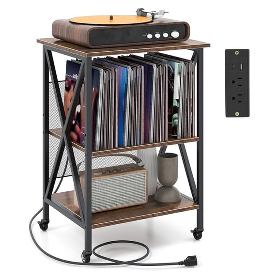 Record Player Stand with Power Outlet, 3-Tier Industrial Rolling Turntable Stand with 3 Vinyl Record Storage Dividers, Adjustable Shelf & Wheels for Living Room, Bedroom, Rustic Brown
