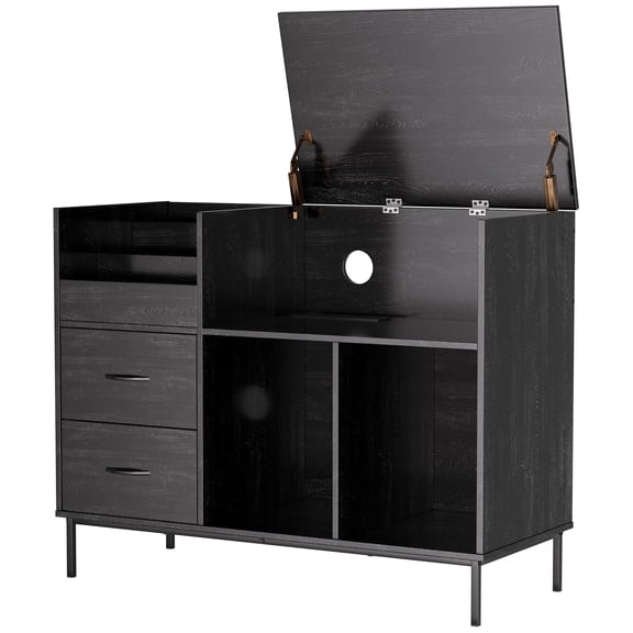 Record Player Stand with Power Outlet & Flip-Down Lid, Turntable Table with Storage for 300+ Vinyls, Black Wood Grain Media Console with 2 Drawers, 27.6" with Dust Protection, Some Assembly Required,