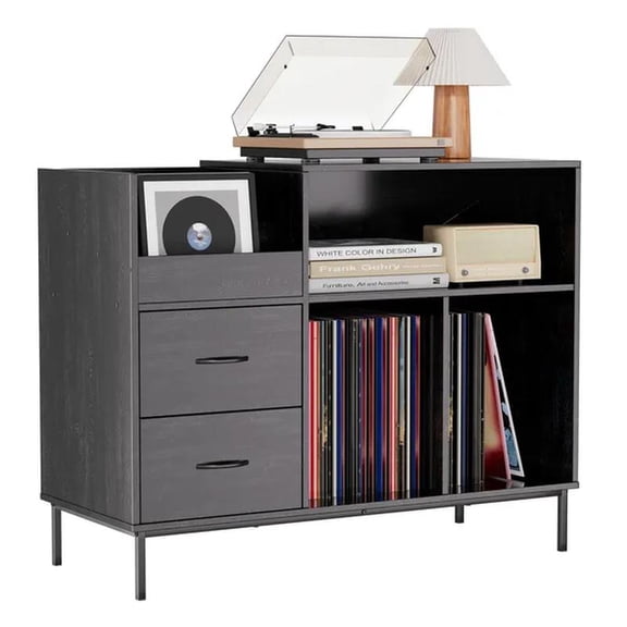 Record Player Stand with Power Outlet & Flip-Down Lid, Turntable Table with Storage for Vinyls, Black Wood Grain Media Console with Drawers, with Dust Protection, Some Assembly Required