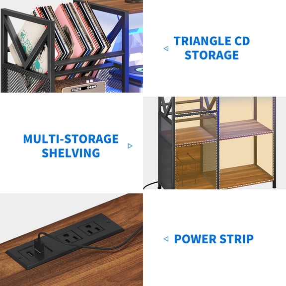 Record Player Stand with Power Outlets and LED Lights, Holds Up to 785 Albums, 3 Tier Vinyl Record Storage Table, Turntable Stand with Solid Legs for Living Room, Bedroom