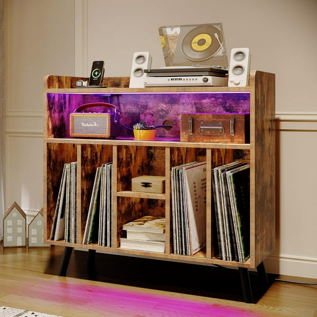Record Player Stand with Power Outlets and LED Lights Holds Up to 150