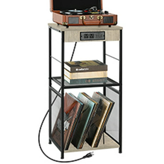 Record Player Stand with Storage Vinyl Record Storage Table with Power Outlet Turntable Stand for Album Recording Player Vinyl Storage 3 Tier Record Cabinet Bedside Table For Bedside