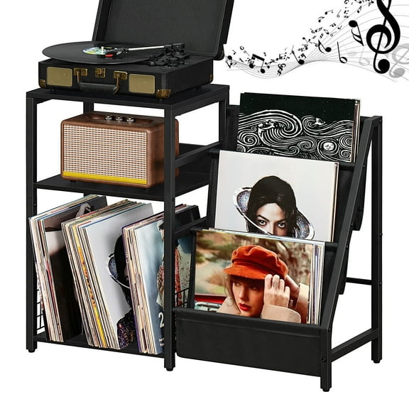Record Player Stand, Turntable Stand with 3-Tier Vinyl Record Storage, Record Player Table up to 150 Albums, End Table for Living Room, Office
