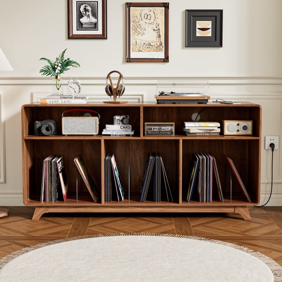 Record Player Stand, Turntable Stand with Charging Station, Record Storage Cabinet for Living Room