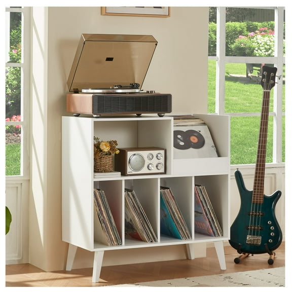Record Player Stand, Turntable Stand with Record Storage for Vinyl up to 300 Albums, Record Stand Cabinets for Living Room, Office, White
