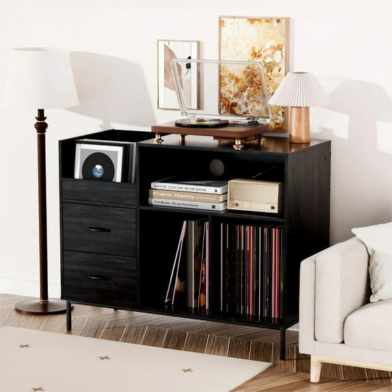 Record Player Stand,Turntable Stand with Record Storage for Vinyl up to 350 Albums for Living Room,Bedroom,Black