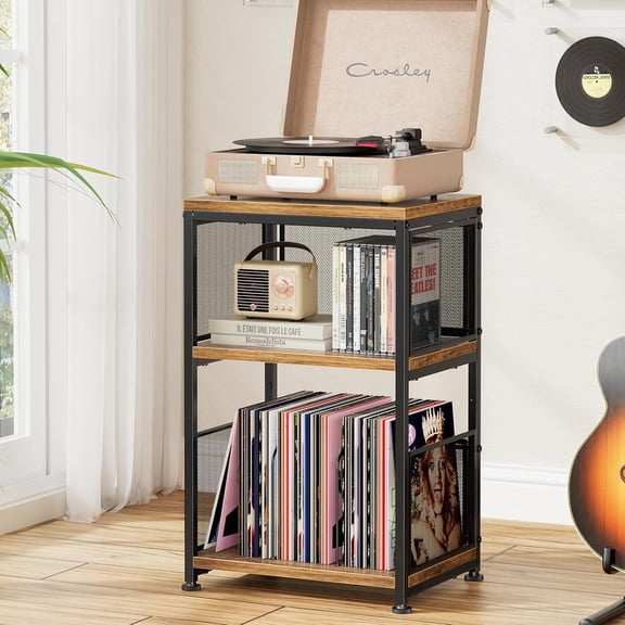 Record Player Stand, Turntable Stand with Vinyl Storage Holds Up to 200 Albums, Large Record Player Table with Adjustable Divider, Rustic Brown