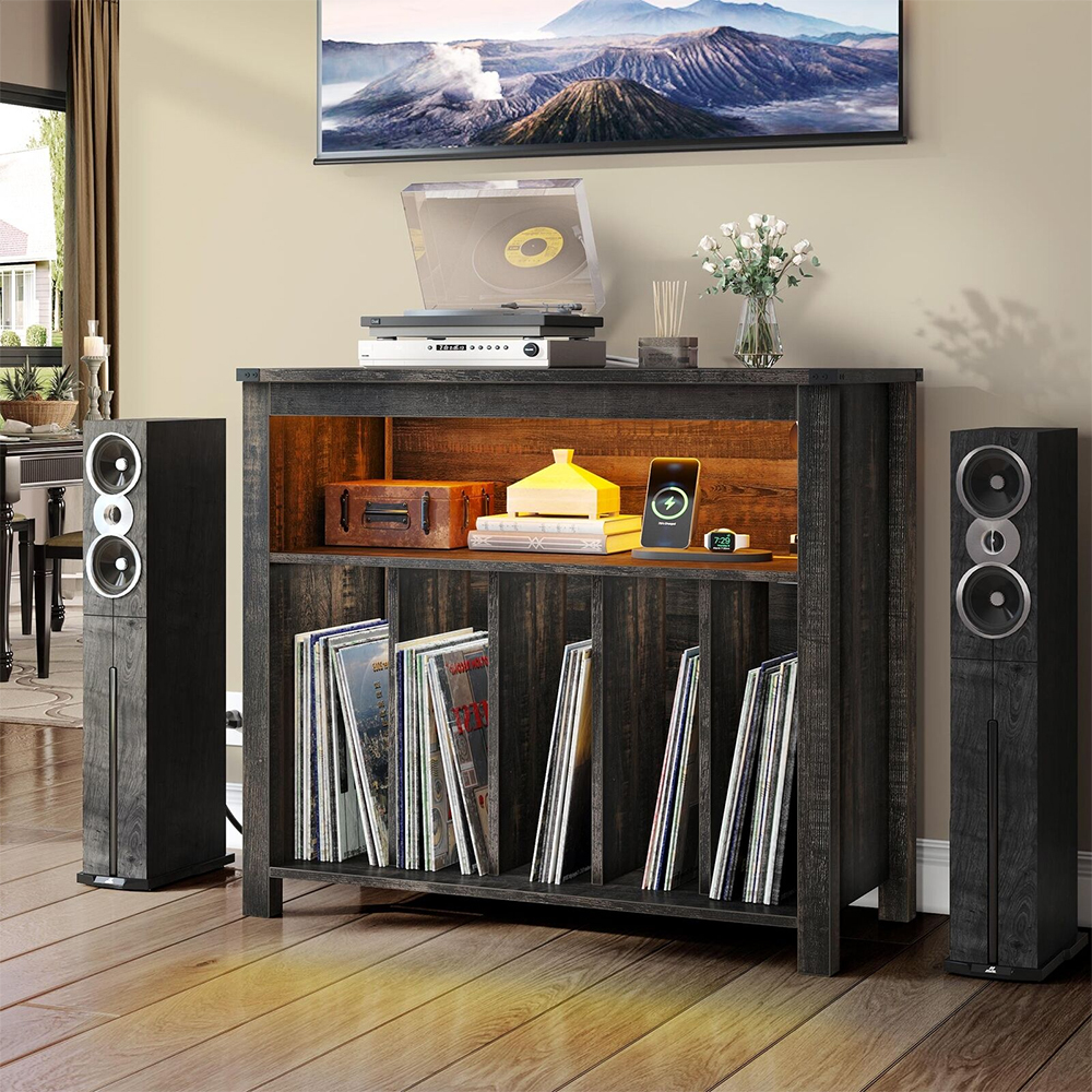 Record Player Stand Vintage Turntable with Power Outlets and