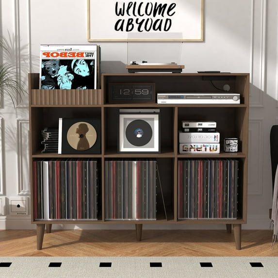 BOMETAO Record Player Stand with Open Vinyl Storage, Record Player Table for Vinyl Holds up to 550 Albums,Turntable Stand with Power Outlet for Living Room, Office, Walnut