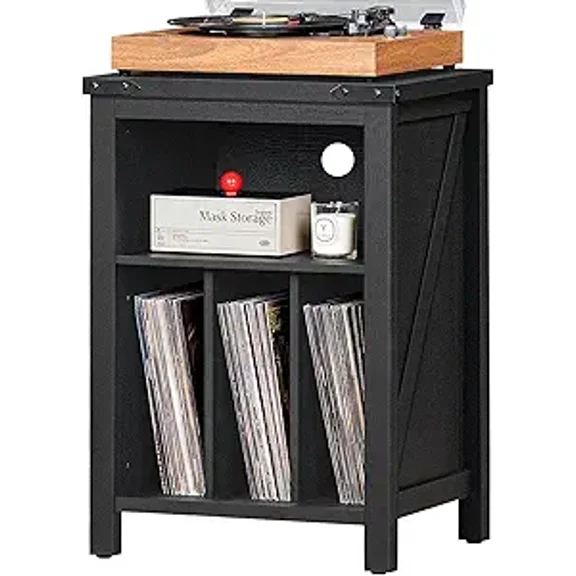 Record Player Stand with Vinyl Record Storage, Black Record Player Table Holds Up to 160 Albums, Large Wood Turntable Stand Cabinet Display Shelf for Living Room, Bedroom, Office