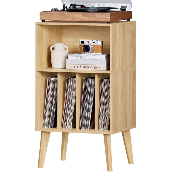 Record Player Stand, Vinyl Record Storage Cabinet, Mid-Century Turntable Stand Table Holds Up to 160 Albums Living Room Bedroom Office, Natural Wood
