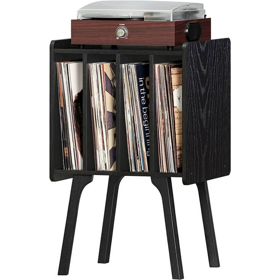 Record Player Stand,Vinyl Record Storage Table with 4 Cabinet Up to 100 Albums,Mid-Century Turntable Stand with Wood Legs,Brown Vinyl Holder Display Shelf for Bedroom Living Room (Patented)