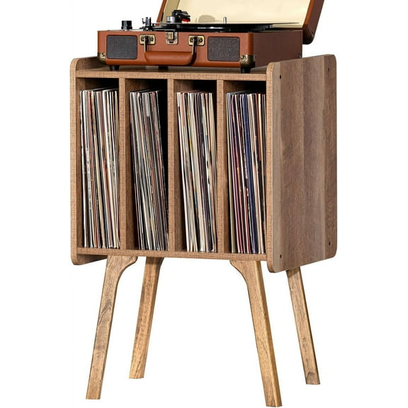 Record Player Stand,Vinyl Record Storage Table with 4 Cabinet Up to 100 Albums,Mid-Century Turntable Stand with Wood Legs,Brown Vinyl Holder Display Shelf for Bedroom Living Room (Patented)