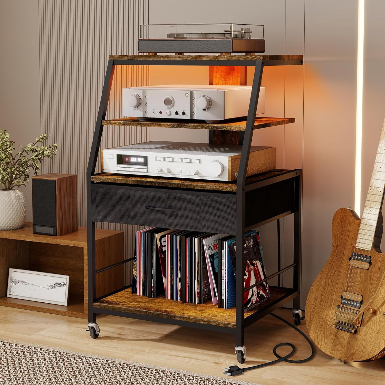 Record Player Stand with Vinyl Storage, 4-Tier AV Media Cabinet with ...