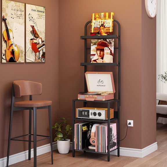 Record Player Stand with Vinyl Storage - 5-Tier Turntable Table with Power Outlet, Adjustable Feet, Metal & Wood Cabinet - Console Organizer Display Shelf for Living Room, Apartment
